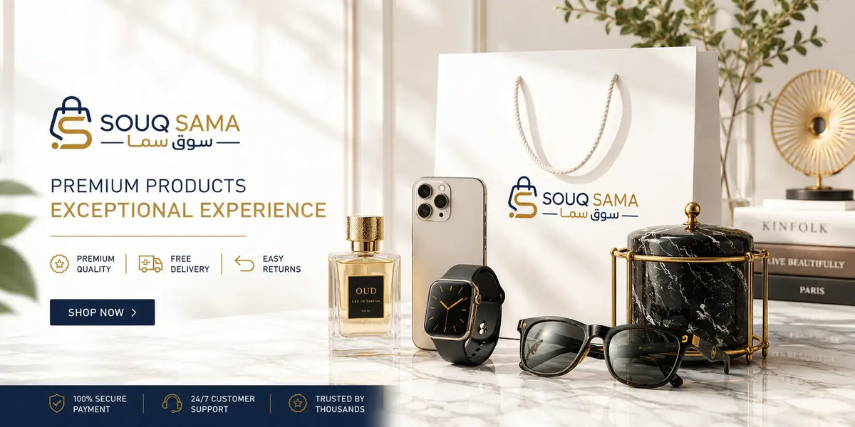 Luxury perfume, smartwatch, sunglasses, and marble decor on marble table with Souq Sama shopping bag