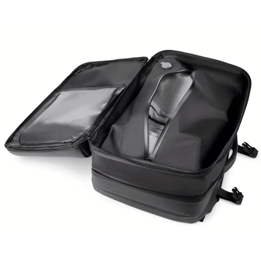 Black travel backpack with mesh pockets and padded interior - Souq Sama UAE
