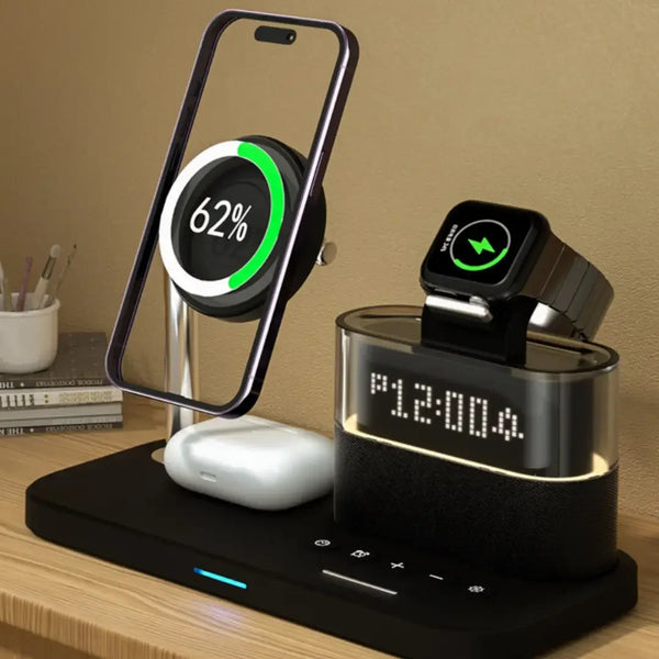 3-in-1 wireless charging station for phone, smartwatch, and earbuds with digital clock display