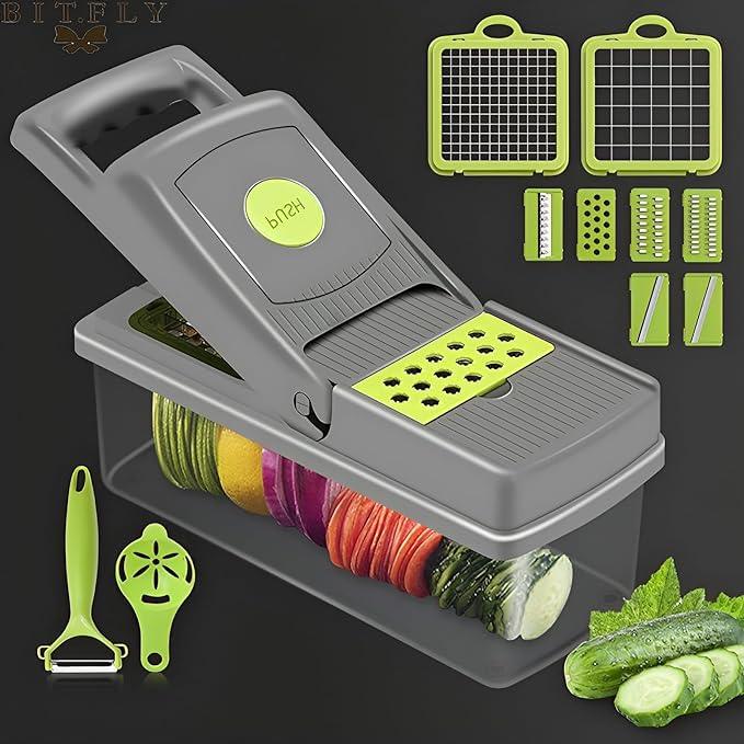 Grey and green vegetable slicer with storage container - Souq Sama UAE