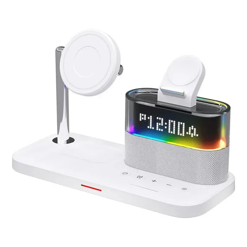 Wireless charging station with LED clock and speaker - Souq Sama UAE