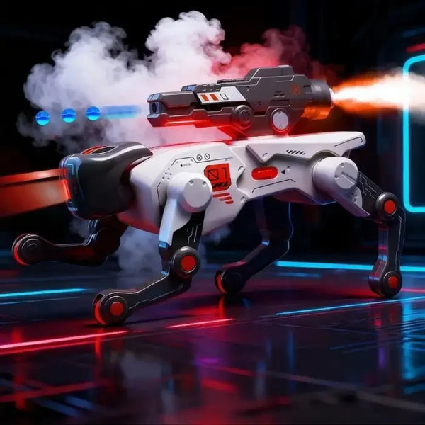 Futuristic robotic dog toy with laser gun, glowing red and blue lights, smoke effects, sci-fi action design